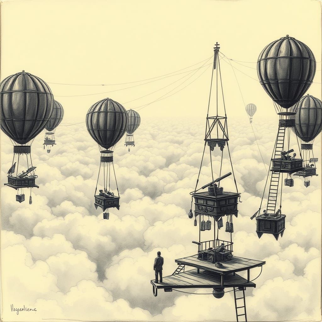 Surreal Charcoal Landscape of a Floating Market Above the Cl...