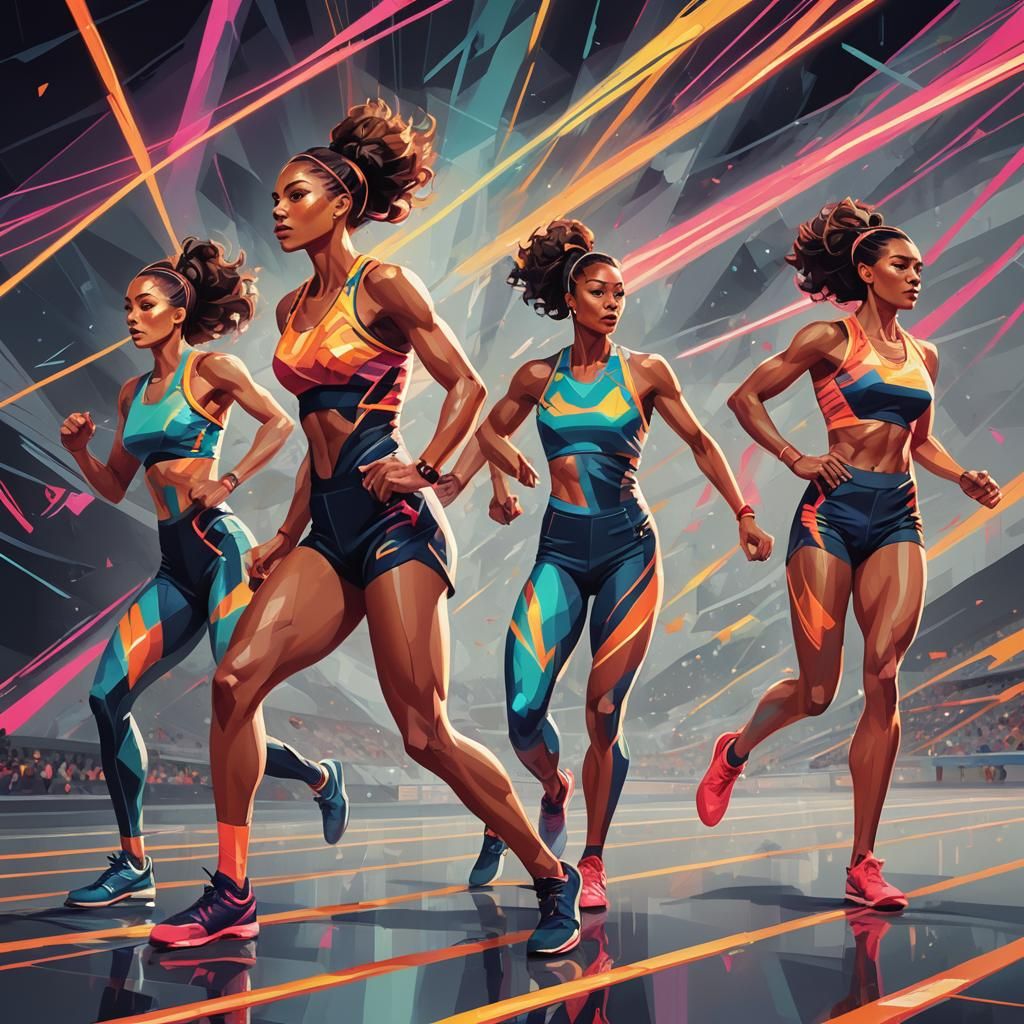 Dynamic Neo-Cubist Athlete in Geometric Stadium