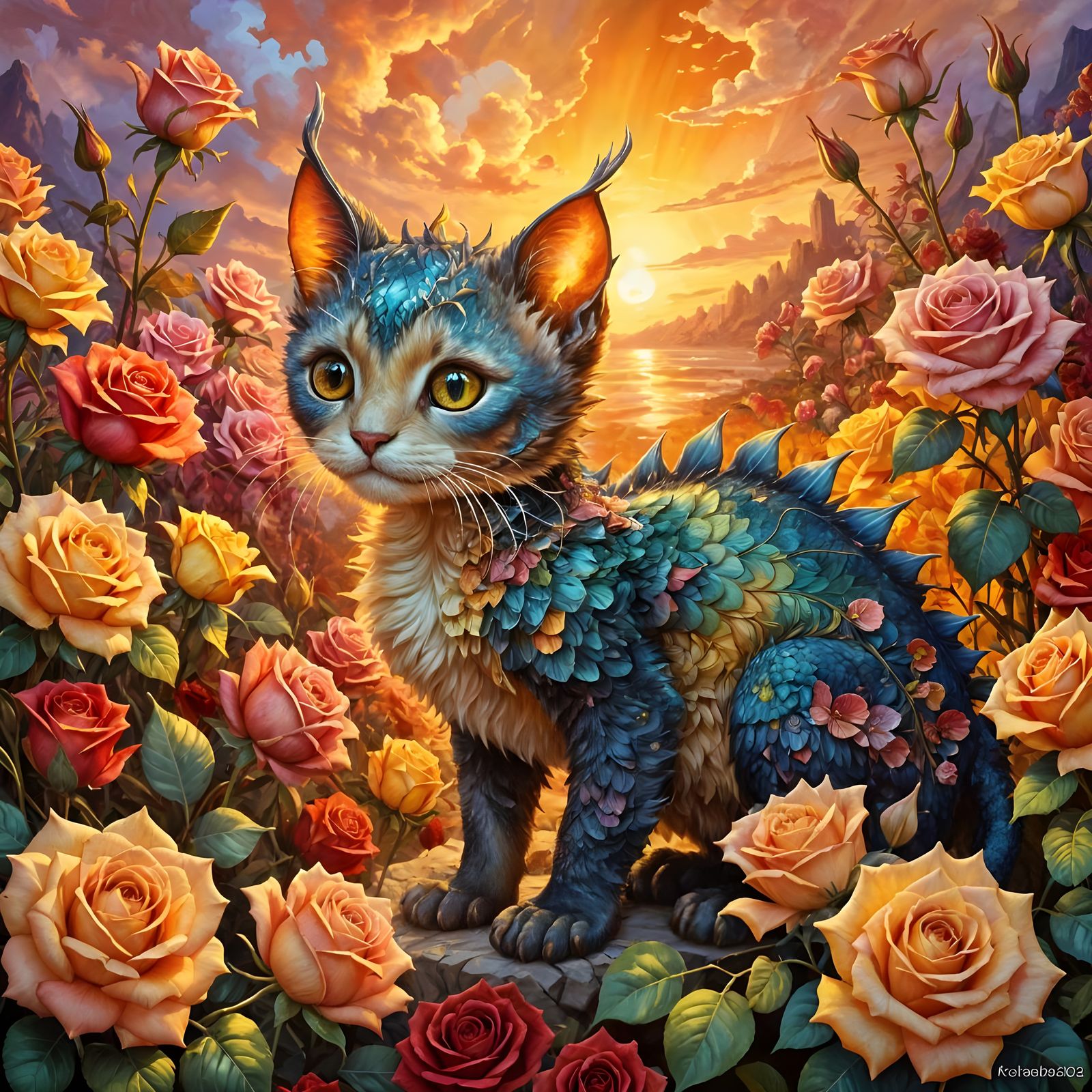 Cute Dragon-Cat Hybrid in Rose Garden, Watercolor Style