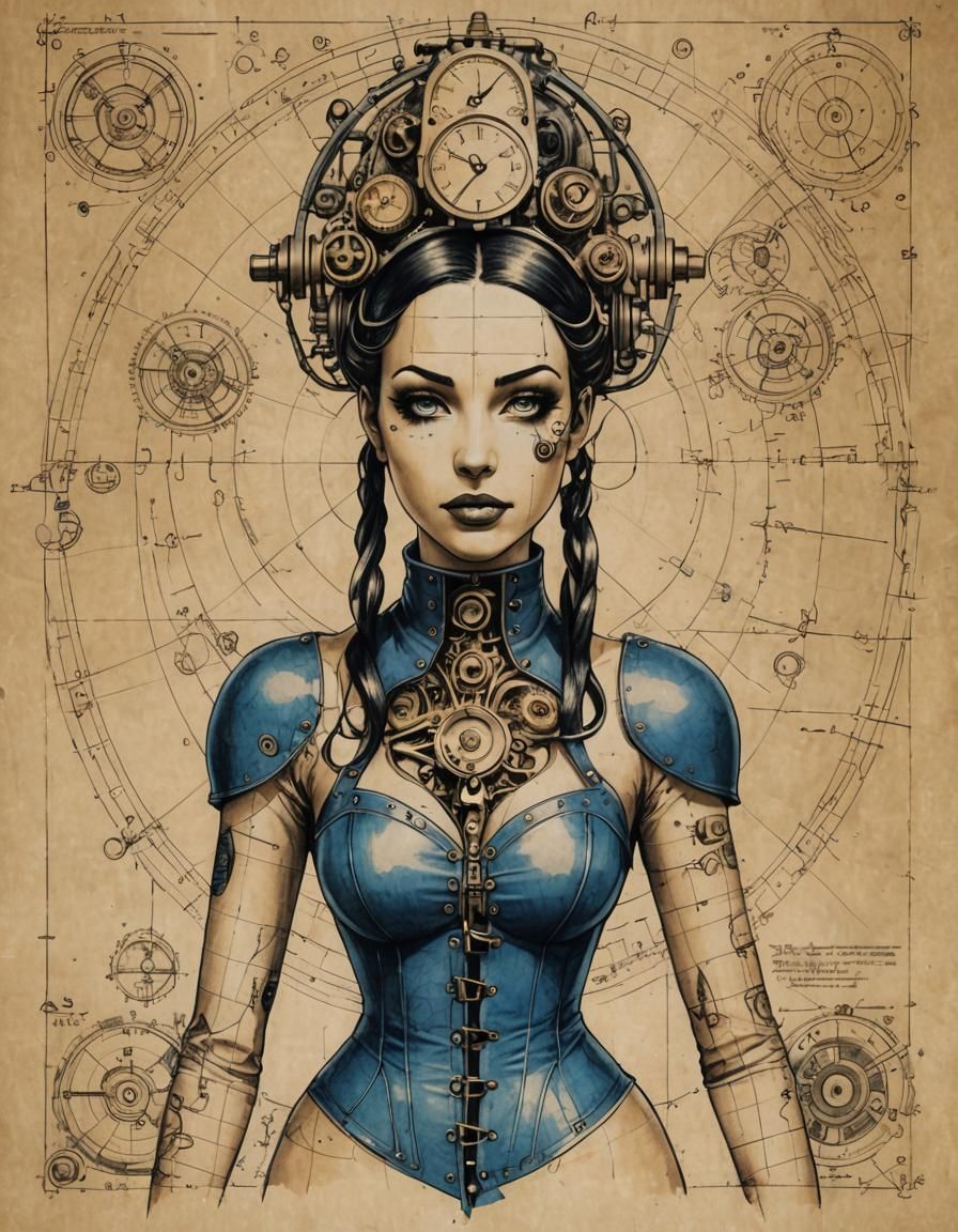 Steampunk Goddess Blueprint on Wrinkled Paper