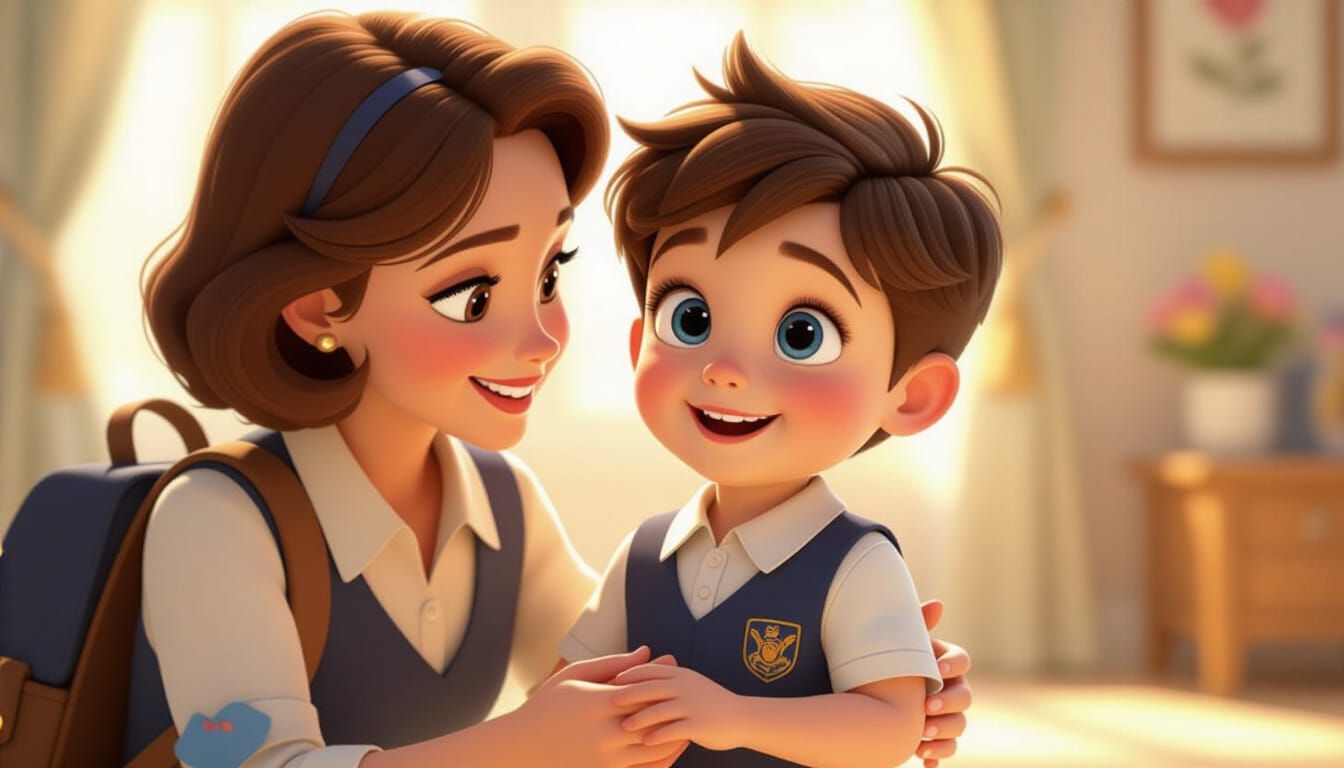 Mother Helps Boy In School Uniform 3D Disney Style