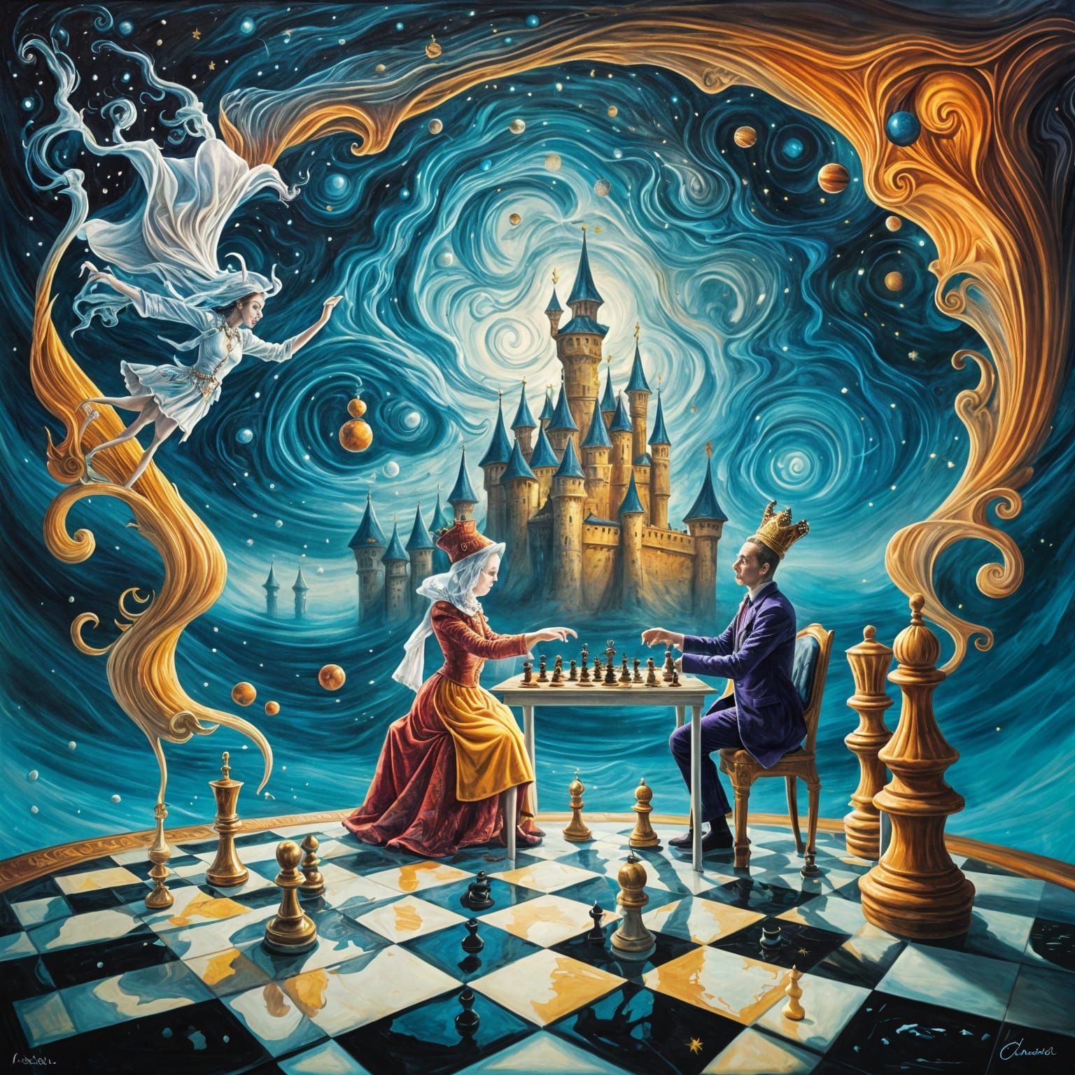 Jester and Queen Play Chess in Surrealist Illusion
