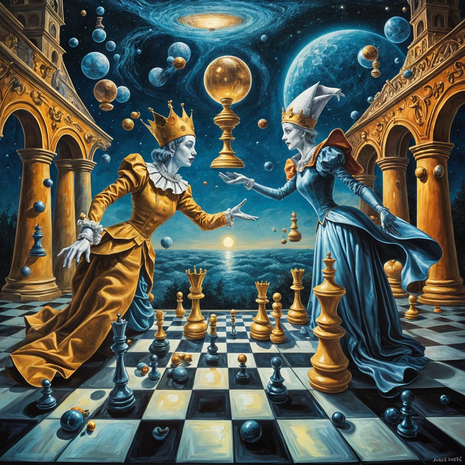 Jester and Queen Play Chess in Surrealist Illusionary Realm