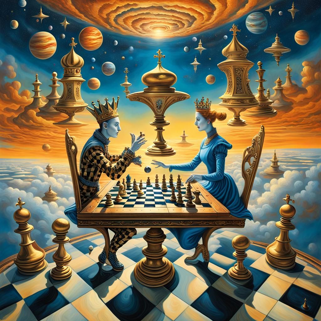 Jester and Queen Play Chess in Celestial Dreamscape
