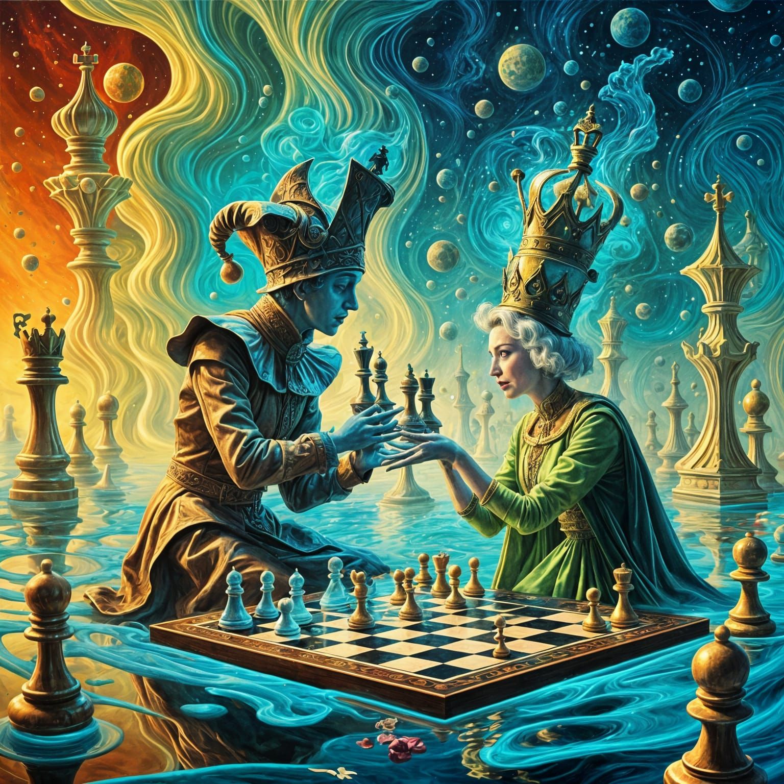 Jester and Queen Play Chess in Surreal Illusionary Realm