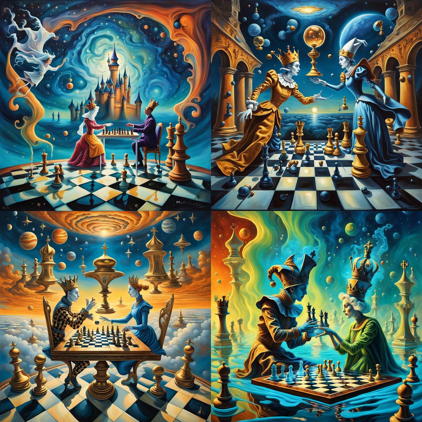 illustration, the jester and the queen play chess, in the style of Michael Cheval, metaphorical literary plot, surrealis...