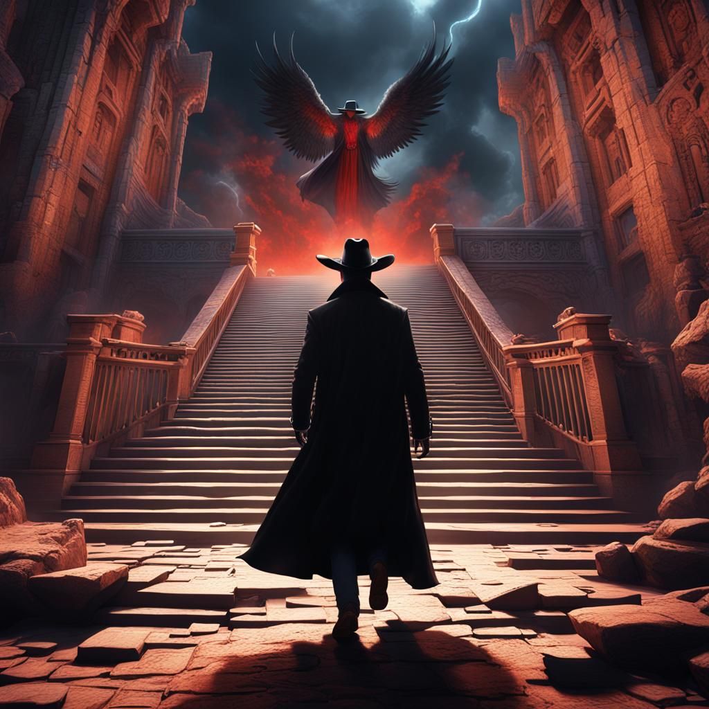 Winged Shadow Figure Ascending to Astral Portal