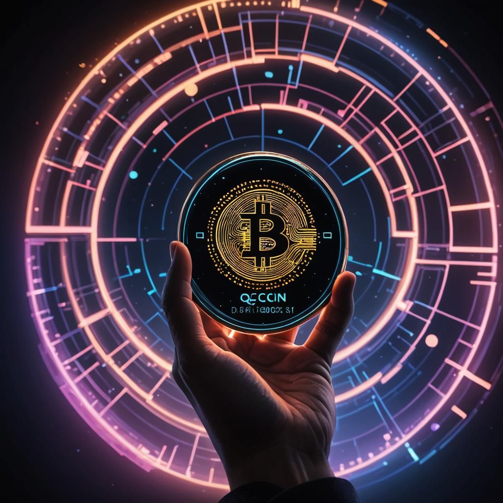 Hand Holding Glowing Qcoin in Neon Cyberpunk Style