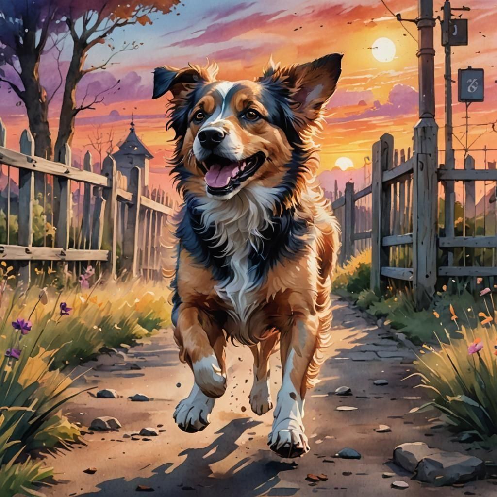 Dog Running at Sunset, Watercolor Painting
