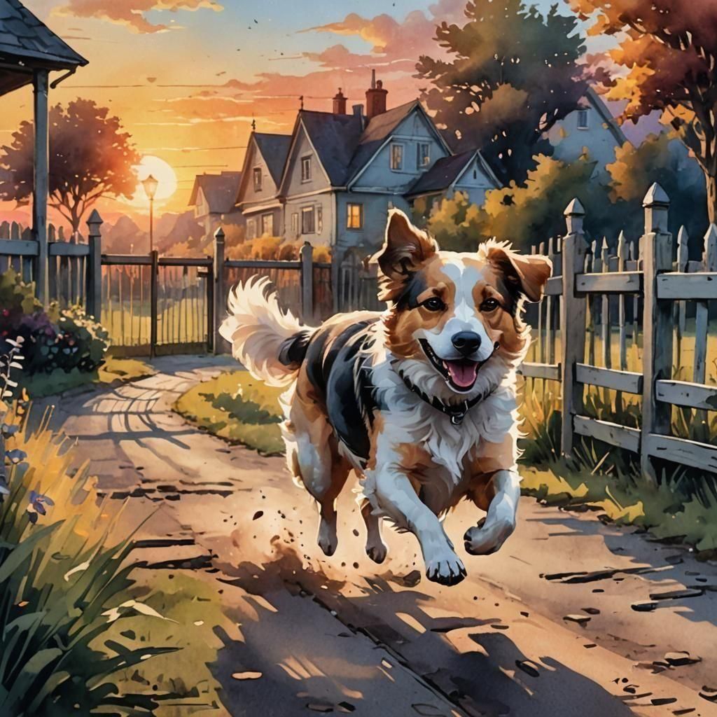 Happy Dog Runs at Sunset: Watercolor Painting