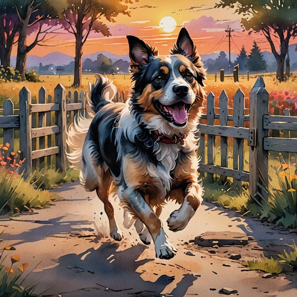 Dog Runs at Sunset: Vintage Watercolor Painting