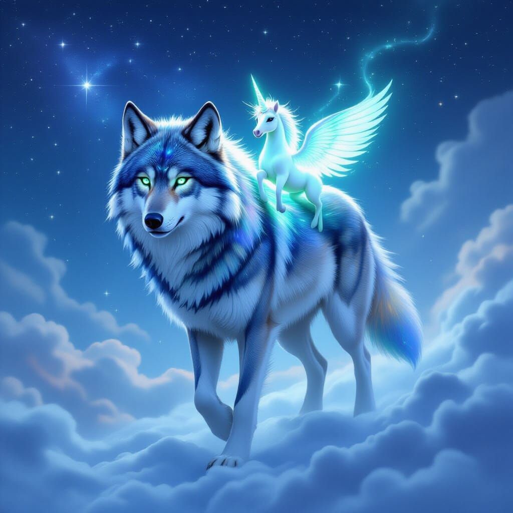 Majestic Wolf with Nebula Fur and Unicorn in Starry Sky