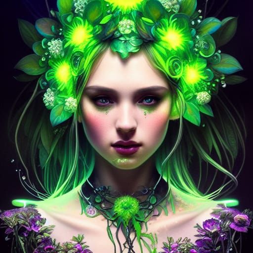 Bioluminescent Neon Flower Goddess Portrait in Cyberpunk Sty...