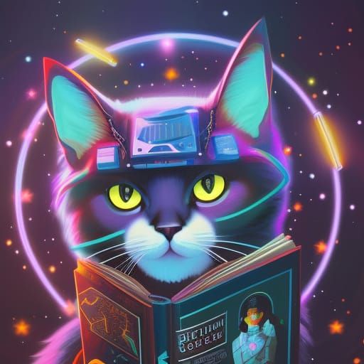 Cyberpunk Space Cat Reads in Crystal Library