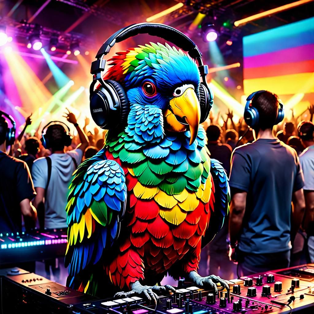 Rainbow Parrot DJ at Party in Hyperrealistic Detail