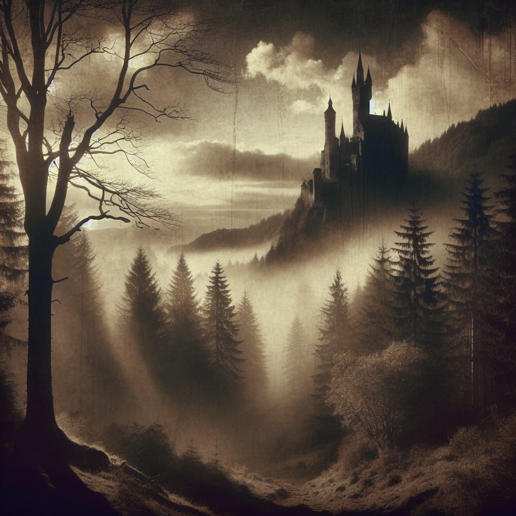 Mysterious Foggy Forest Castle in Macabre Style