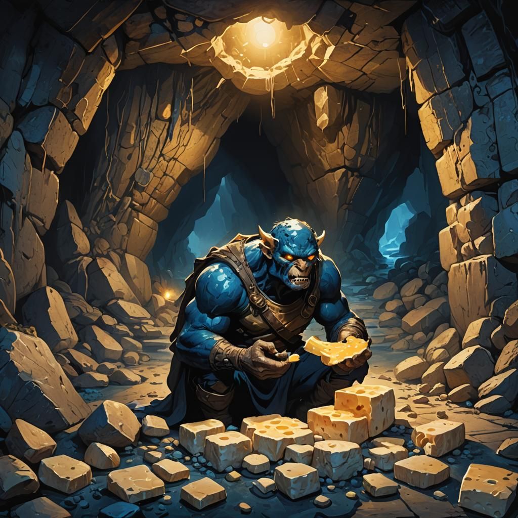 Cyclops Eating Cheese in Dimly Lit Cave
