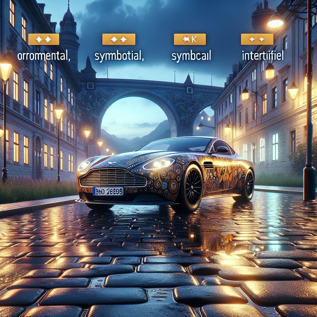 Aston Martin on Wet Cobblestone, Ornamental Style