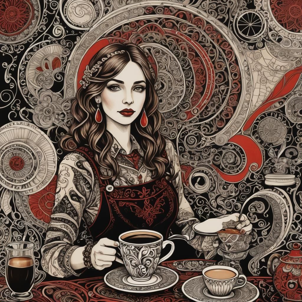 Art Deco Barista Serving Coffee: Zentangle Ink Drawing