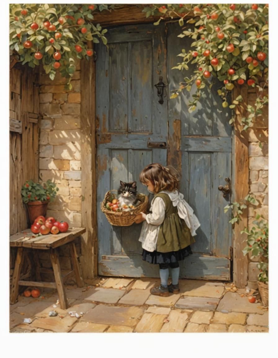 Girl with Cats at Doorway: Watercolor Style