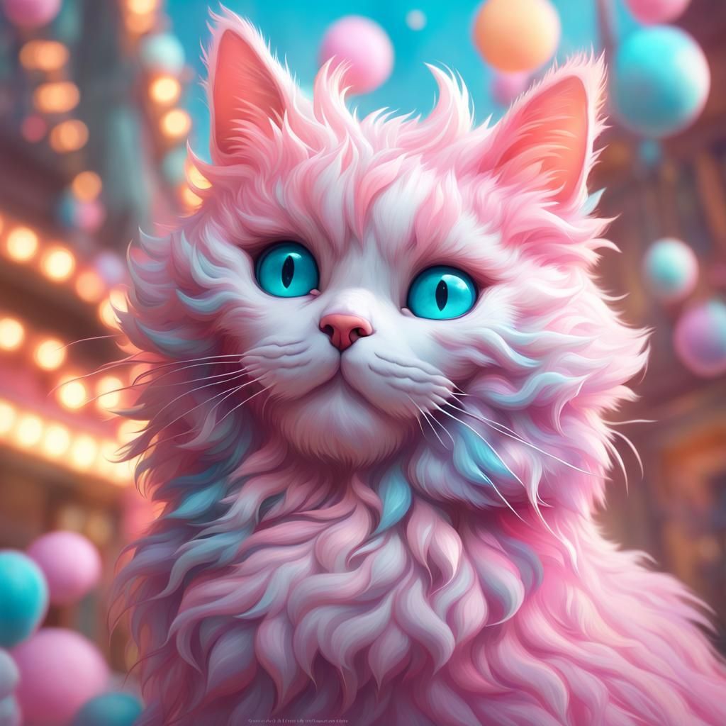 Cotton Candy Cat in a Fantastical Carnival
