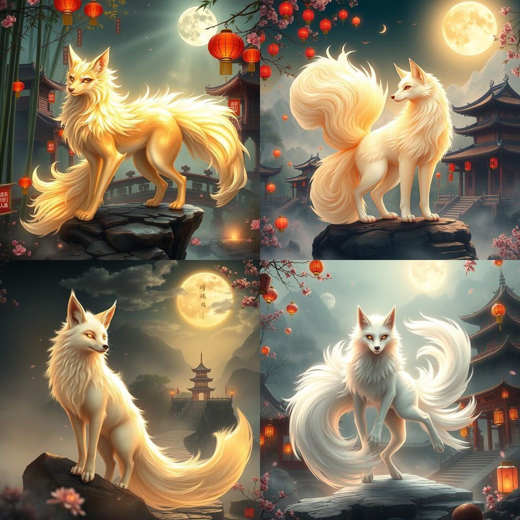 Mystical Nine-Tailed Fox in Ancient Chinese Landscape