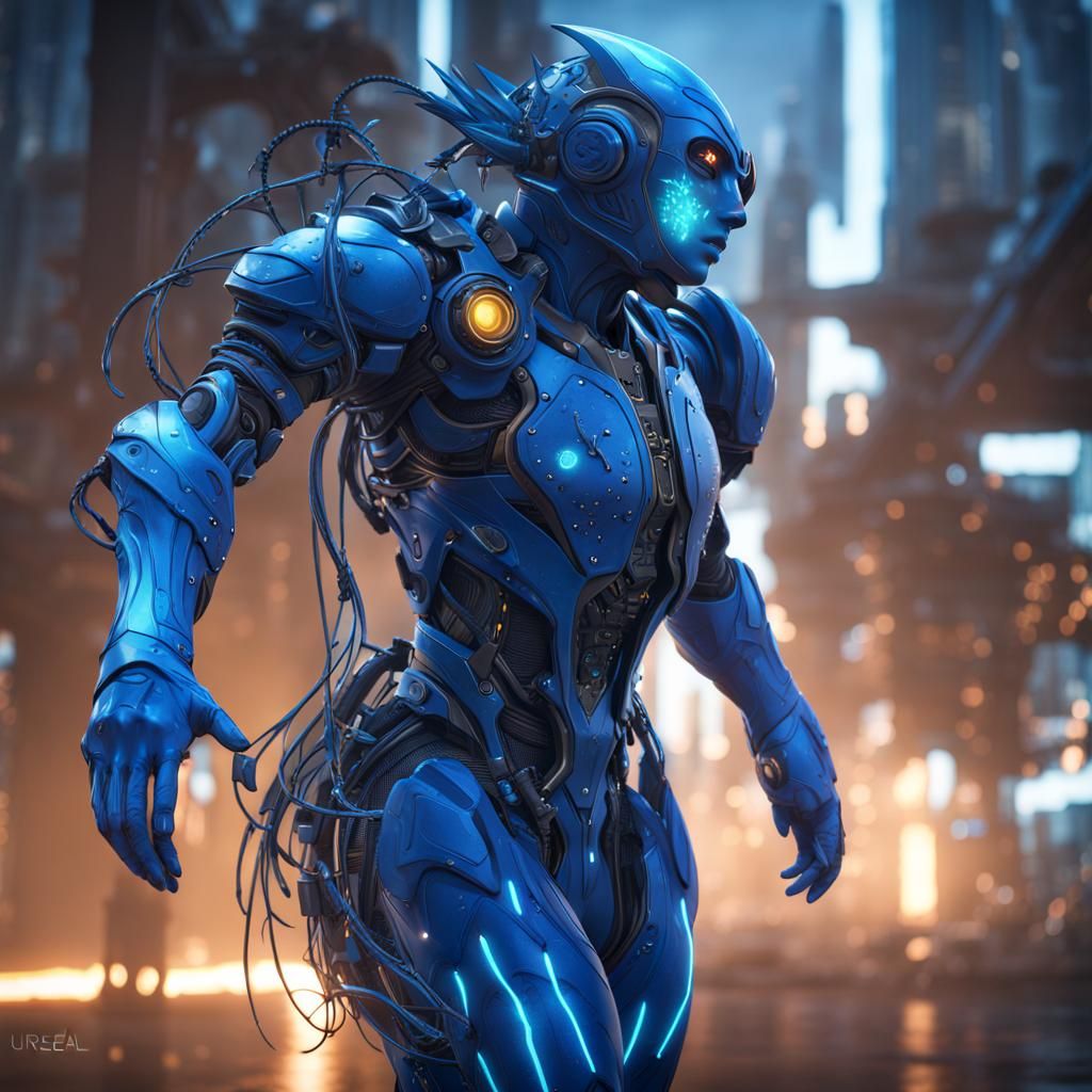 Anime Blue Techno-Organic Biosuit: Detailed Digital Art