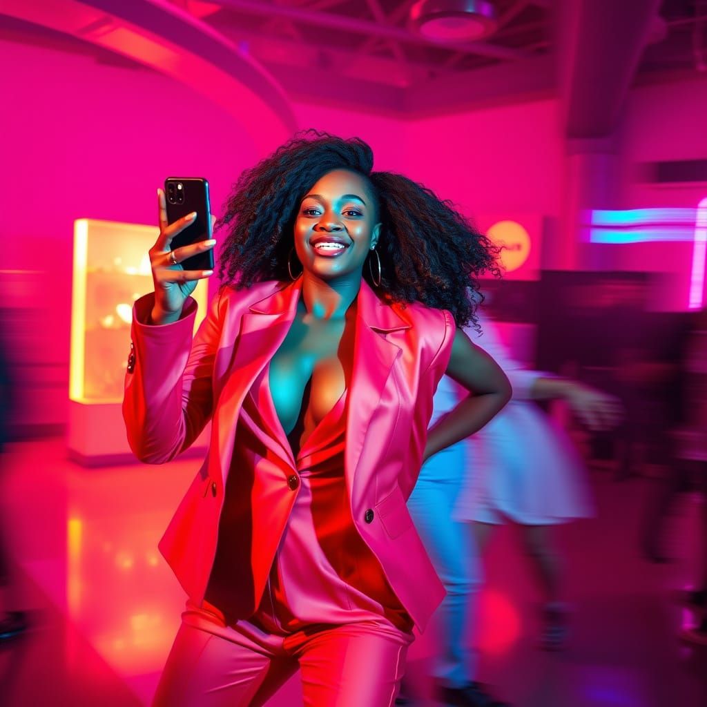 Young Woman Dancing in Neon Nightclub Photography