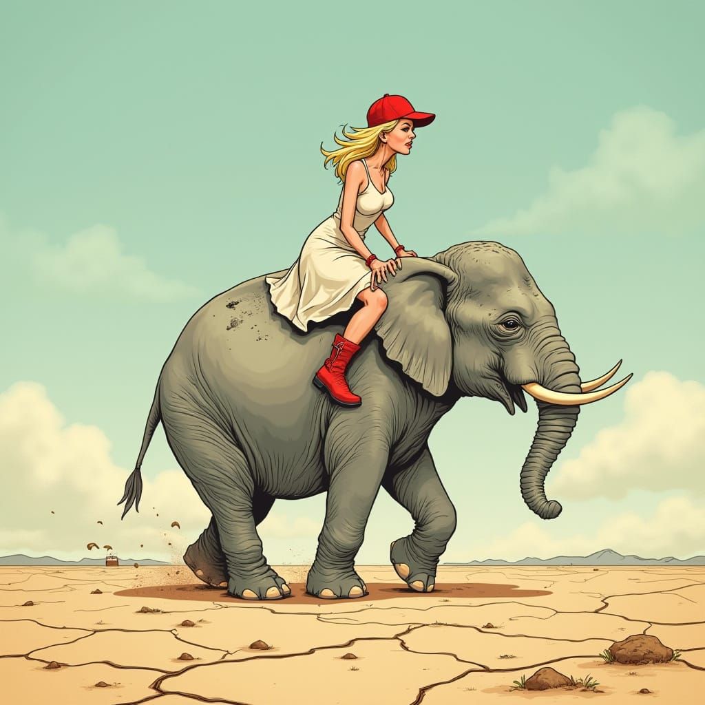 Comically Arrogant Blonde Woman Rides Surreal Elephant in Ca...