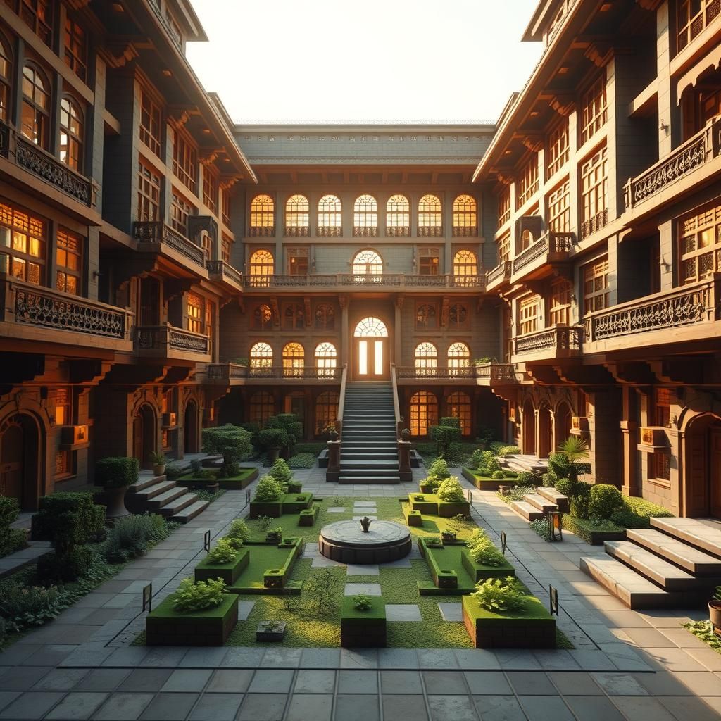 Minecraft House with Central Garden, Architectural Photograp...