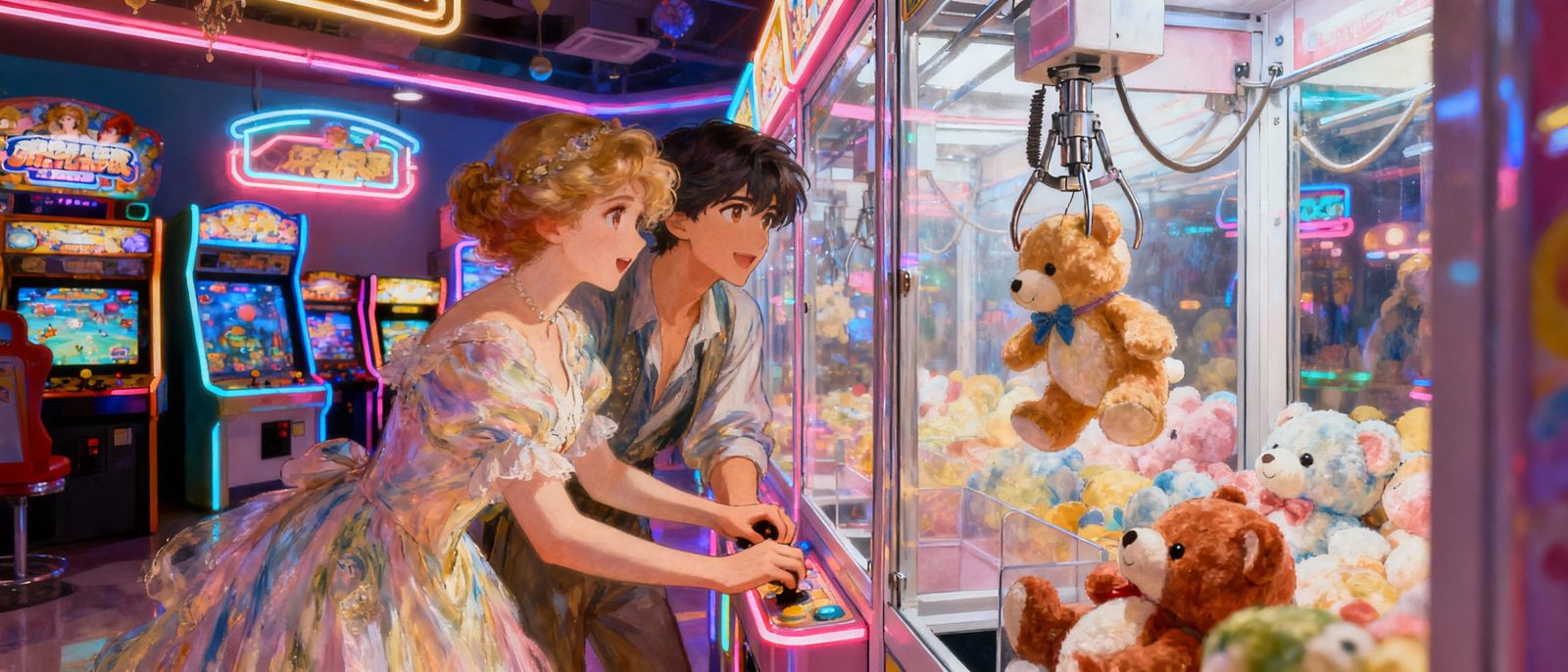Anime Characters Play Claw Machine in Dreamy Arcade