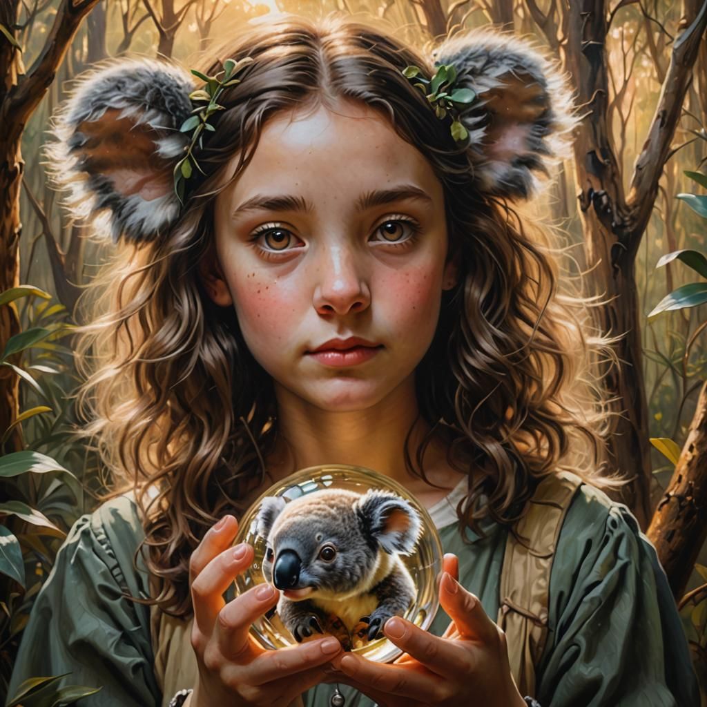 Girl with Koala in Glass Ball: Oil Painting