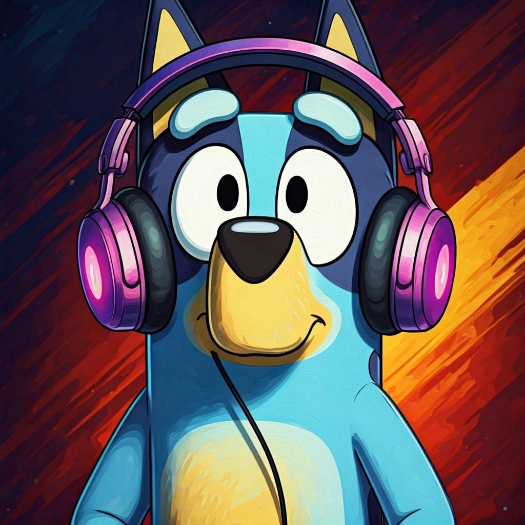 Bluey with Headphones in Gouache Style