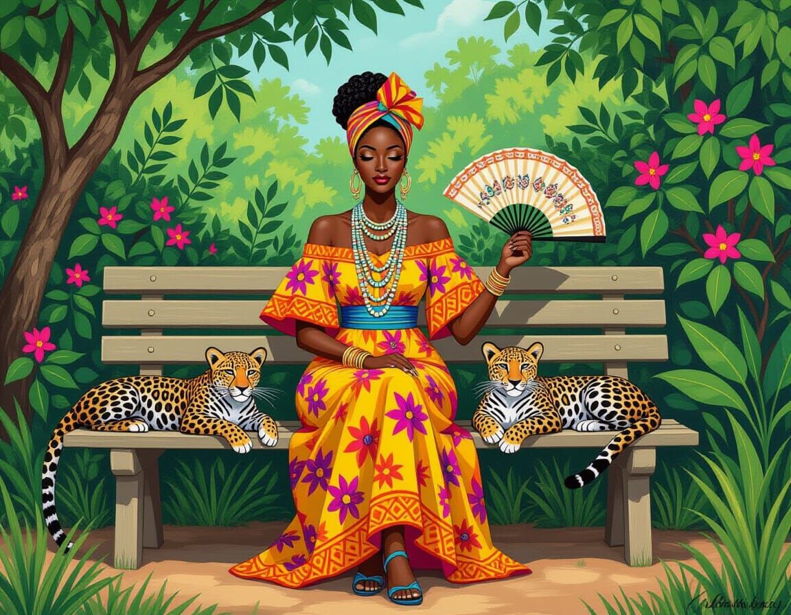 African Woman with Leopard in Decorative Acrylic Style