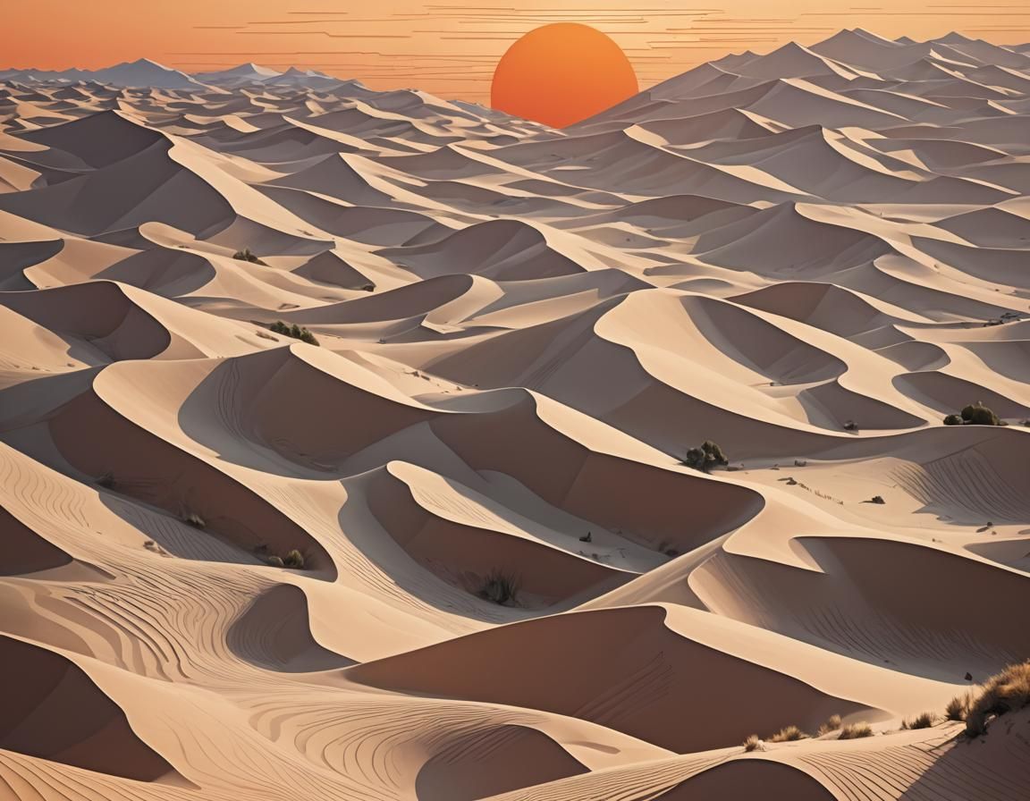 Sand Dunes at Dawn: Cubist Art Deco Painting