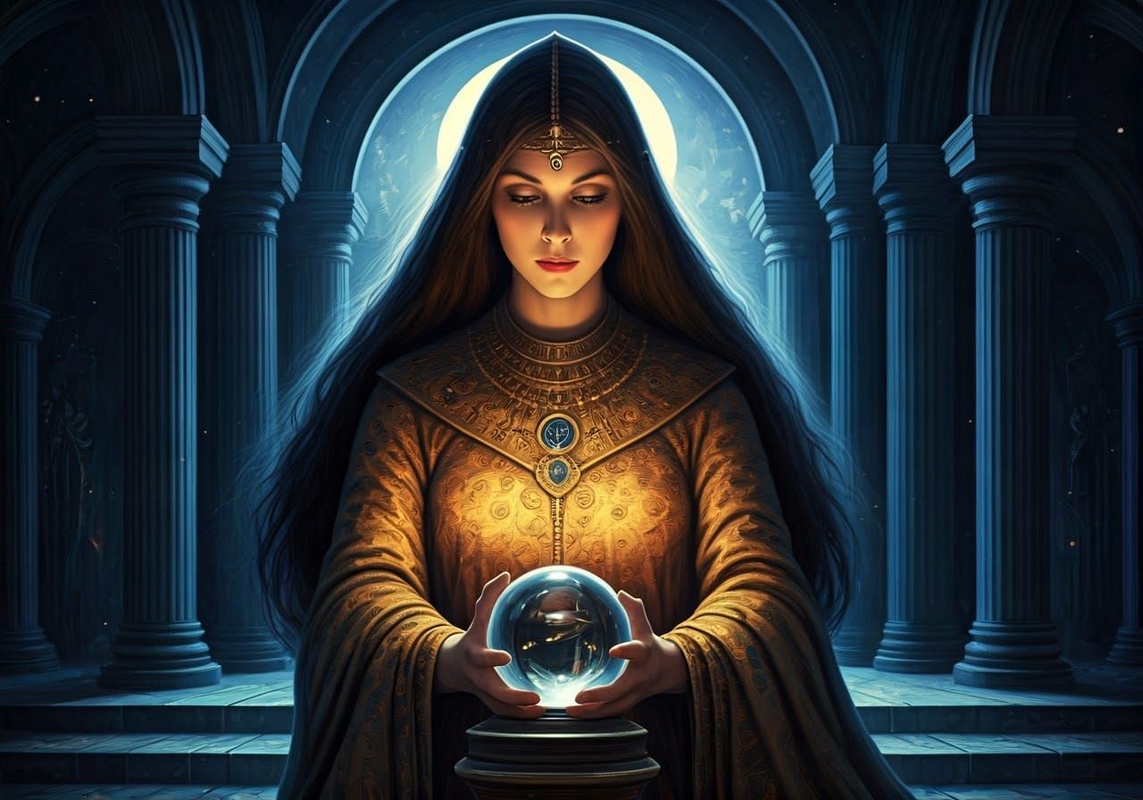 Mysterious Diviner in Moonlit Temple: Dreamlike Impressionis...