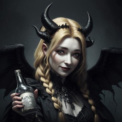 Demon mother beautiful. Devil horns wings,
Long blonde braid...