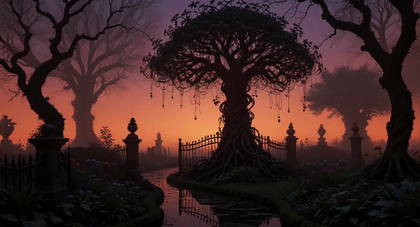 Eerie Twilight Garden with Vampire Coffin