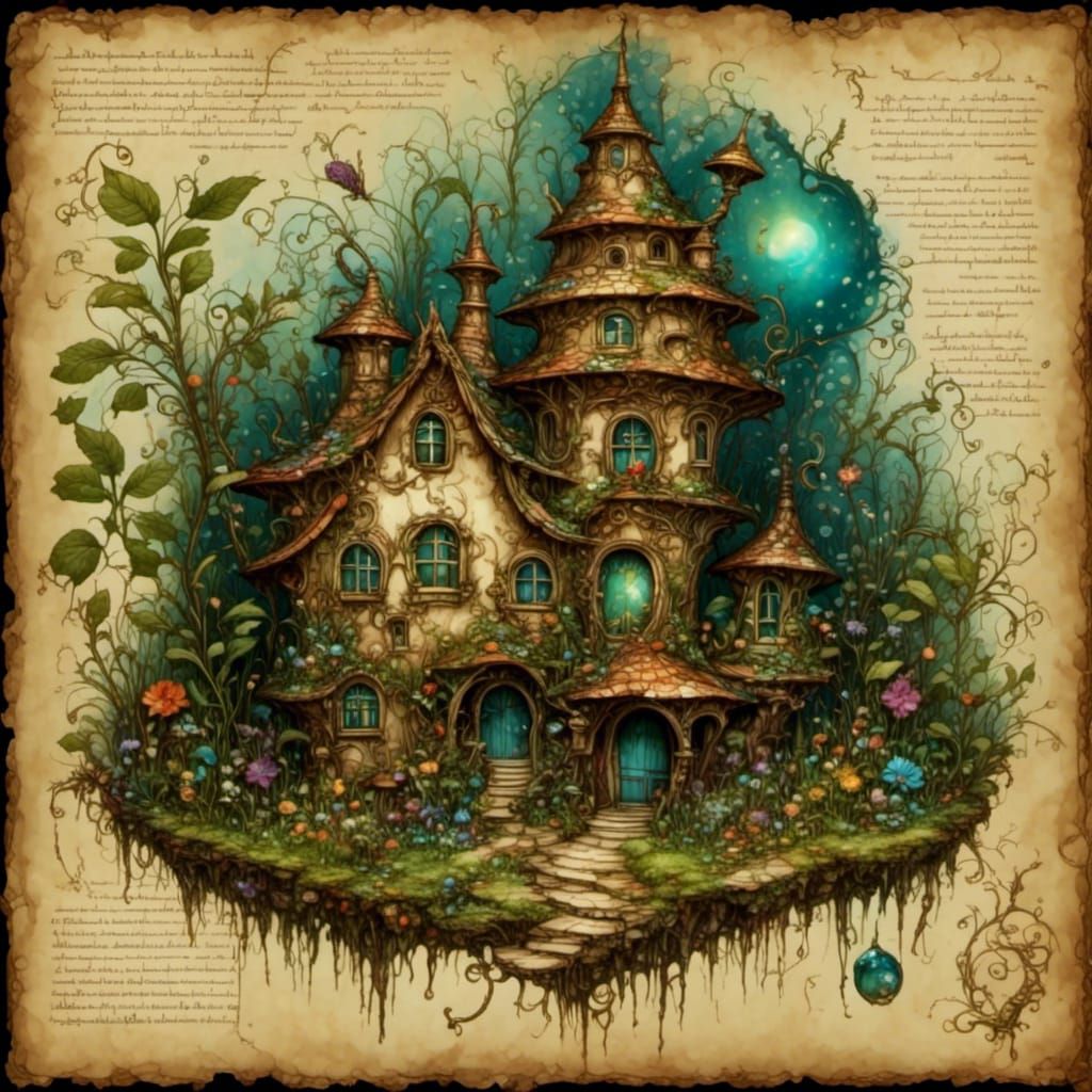 Pixie Girl and House on Aged Parchment
