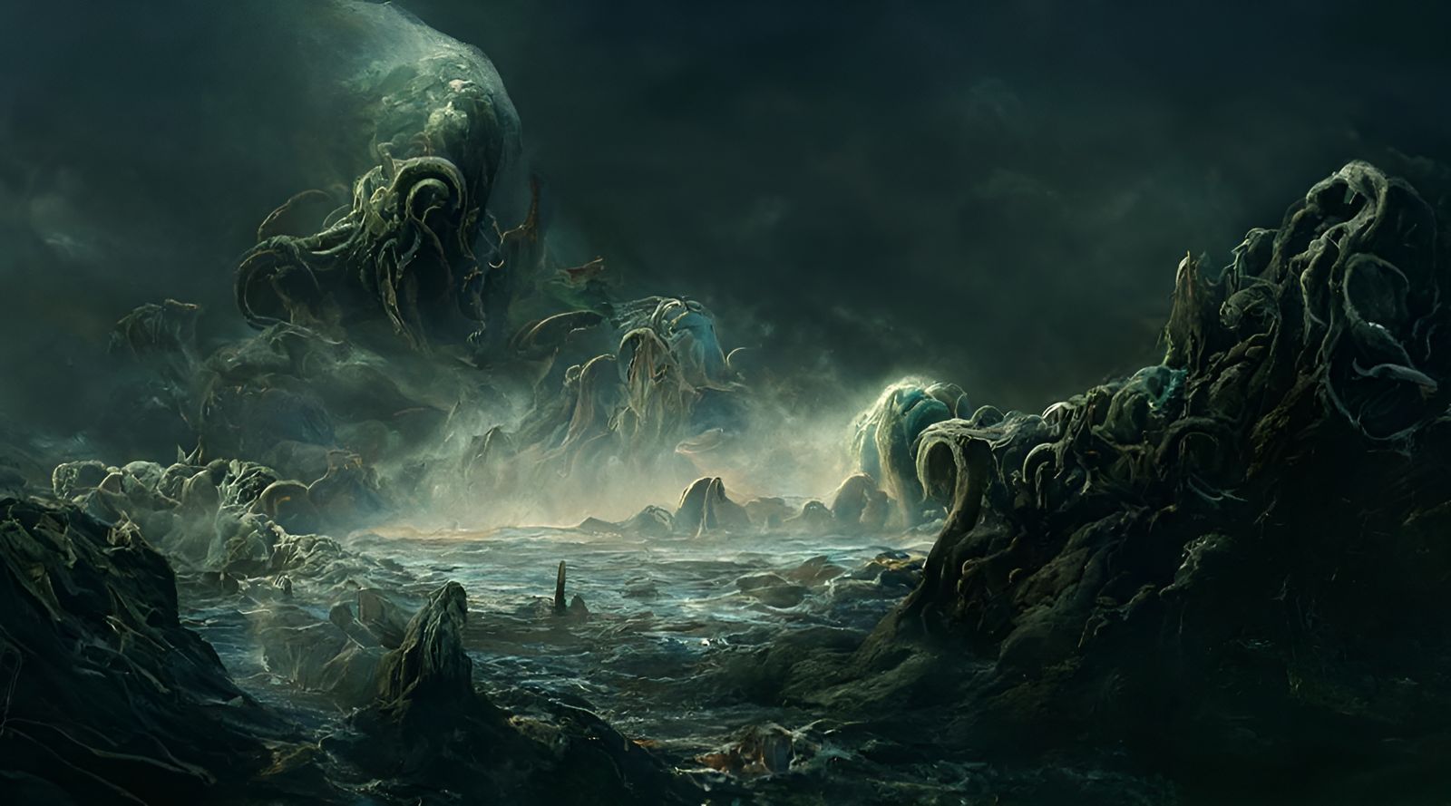 Cosmic Cthulhu Over Ocean Landscape in Acrylic Art