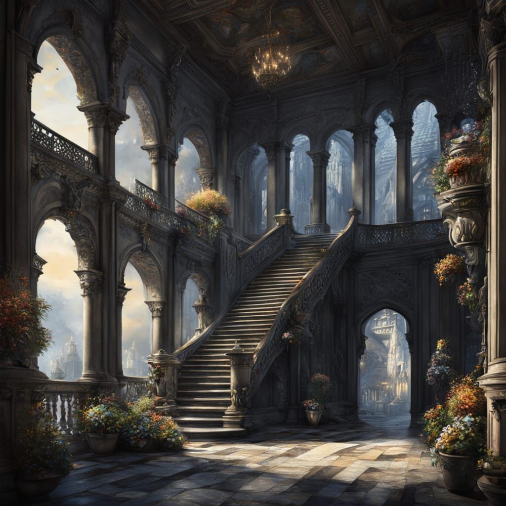 Fantastical Veranda: Detailed Matte Painting in Gouache