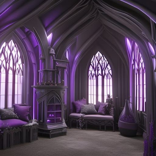 Gothic she shed painted black with purple trimming& decorate...