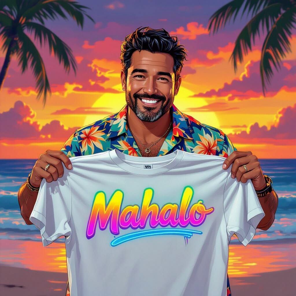 Beach Artist Airbrushes "Mahalo" in Neon Sunset Colors