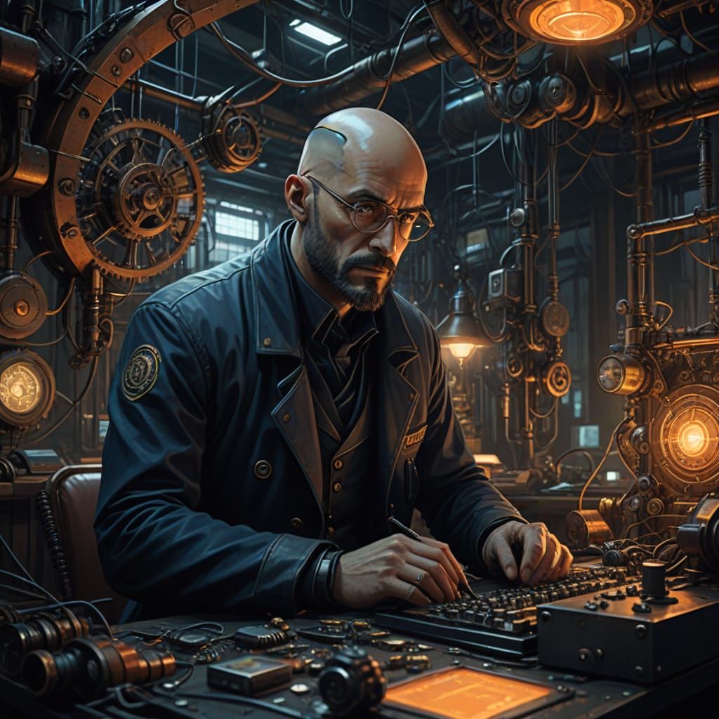 Cyberpunk Inventor in Industrial Sci-Fi Lab