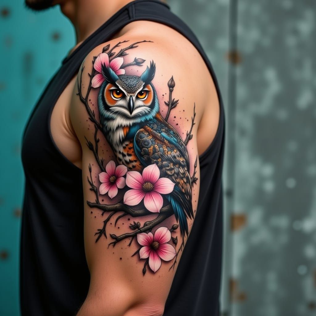 Owl and Cherry Blossom Tattoo on Muscular Arm