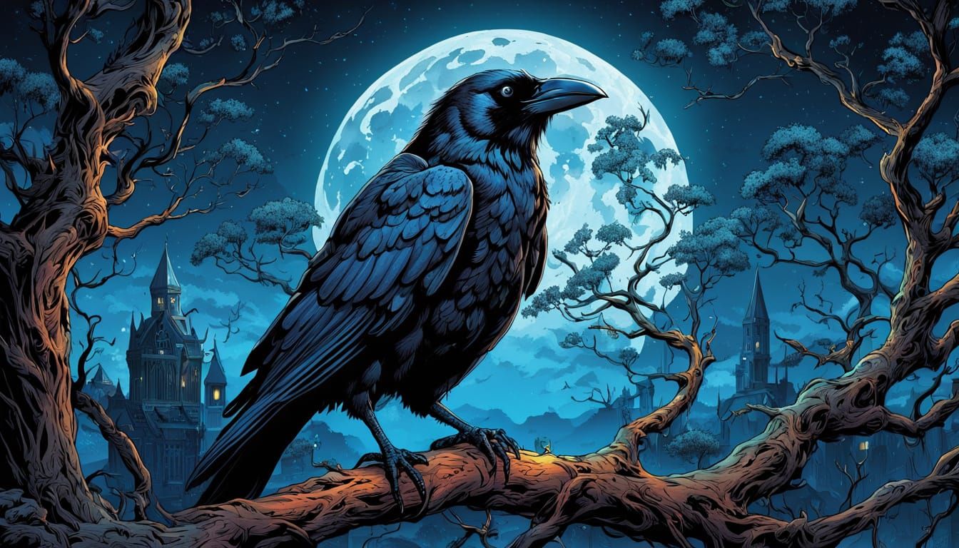 Gothic Fantasy Crow in Moonlit Splendor