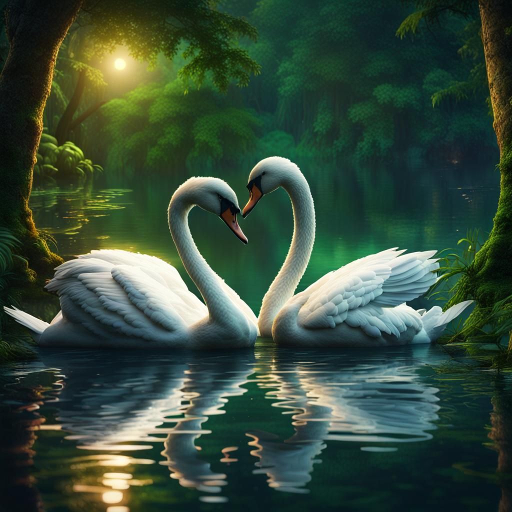 Swans in Sparkling Night Forest: Fantasy Concept Art