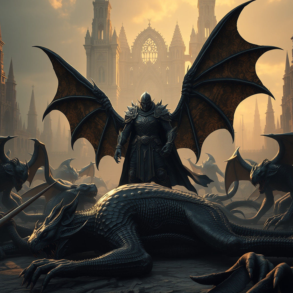 Heroic Warrior Triumphant Over Demons in Ruined City