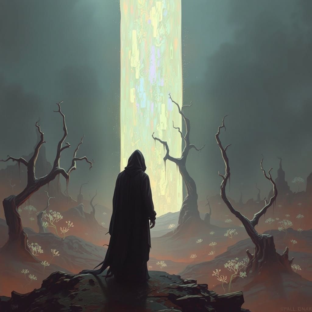 Spectral Figure Glimpses Alien World: A Beksiński-Giger Dark...