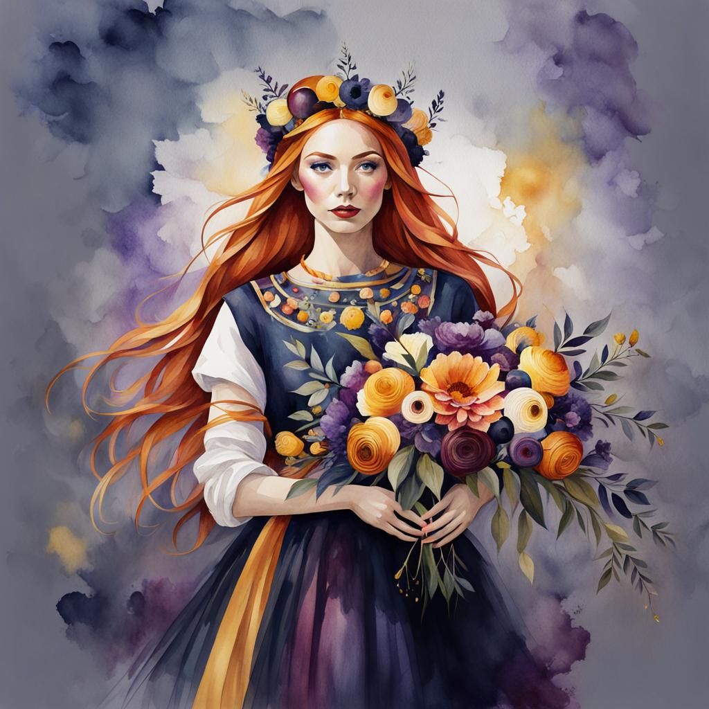 Girl with Floral Crown in Watercolor Style
